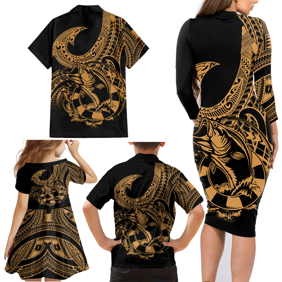 Polynesia Family Matching Long Sleeve Bodycon Dress and Hawaiian Shirt Fish Hook Tattoo Go Fishing Polynesian Pattern Gold - Wonder Print Shop
