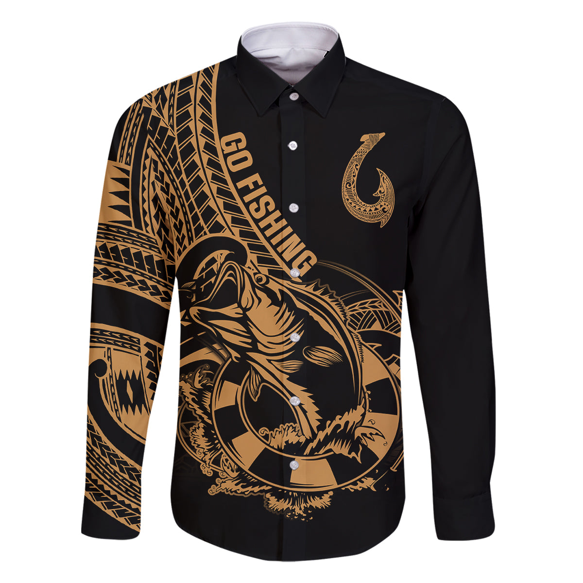 Polynesia Family Matching Long Sleeve Bodycon Dress and Hawaiian Shirt Fish Hook Tattoo Go Fishing Polynesian Pattern Gold - Wonder Print Shop