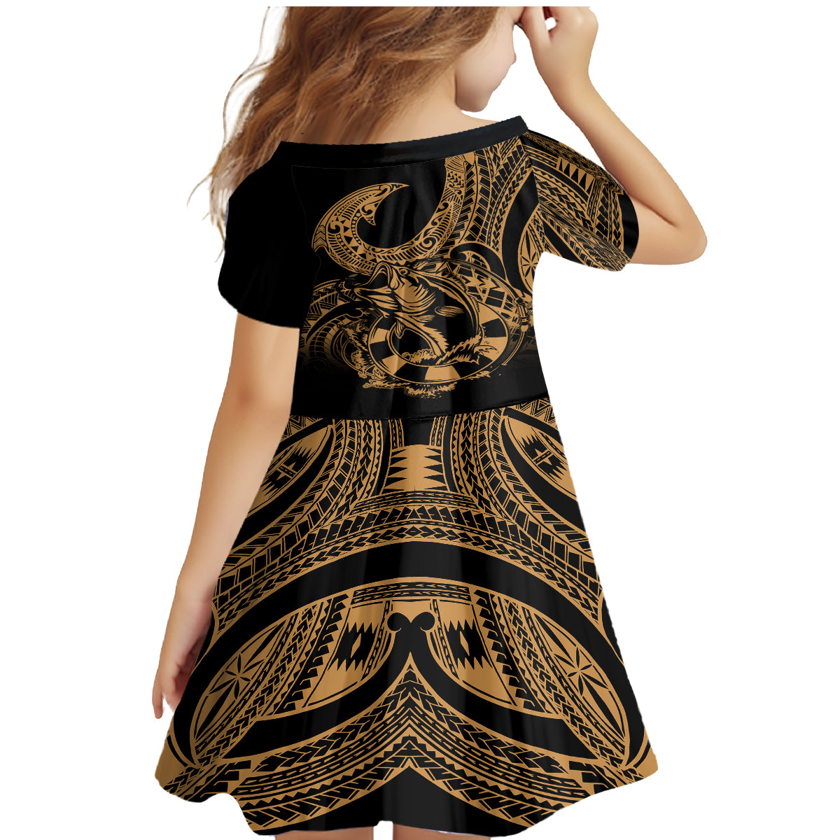 Polynesia Family Matching Mermaid Dress and Hawaiian Shirt Fish Hook Tattoo Go Fishing Polynesian Pattern Gold - Wonder Print Shop