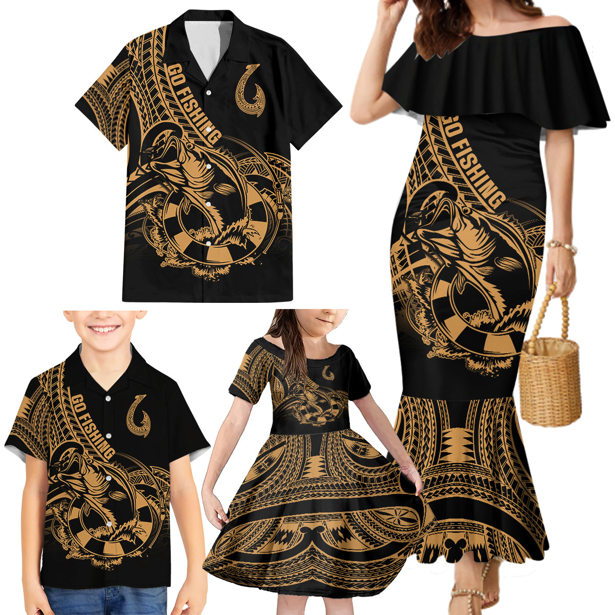 Polynesia Family Matching Mermaid Dress and Hawaiian Shirt Fish Hook Tattoo Go Fishing Polynesian Pattern Gold - Wonder Print Shop