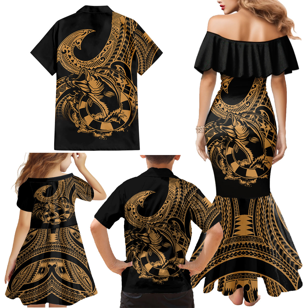 Polynesia Family Matching Mermaid Dress and Hawaiian Shirt Fish Hook Tattoo Go Fishing Polynesian Pattern Gold - Wonder Print Shop