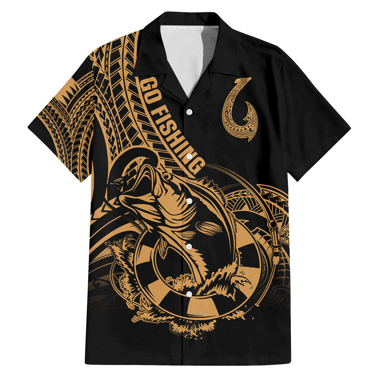 Polynesia Family Matching Mermaid Dress and Hawaiian Shirt Fish Hook Tattoo Go Fishing Polynesian Pattern Gold - Wonder Print Shop