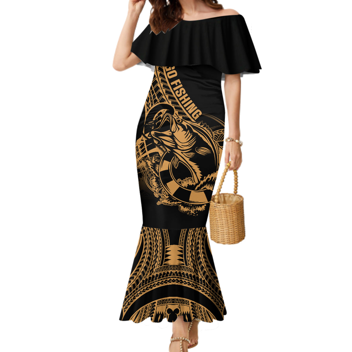 Polynesia Family Matching Mermaid Dress and Hawaiian Shirt Fish Hook Tattoo Go Fishing Polynesian Pattern Gold - Wonder Print Shop