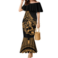 Polynesia Family Matching Mermaid Dress and Hawaiian Shirt Fish Hook Tattoo Go Fishing Polynesian Pattern Gold - Wonder Print Shop