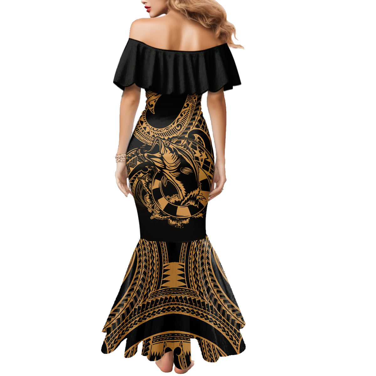 Polynesia Family Matching Mermaid Dress and Hawaiian Shirt Fish Hook Tattoo Go Fishing Polynesian Pattern Gold - Wonder Print Shop