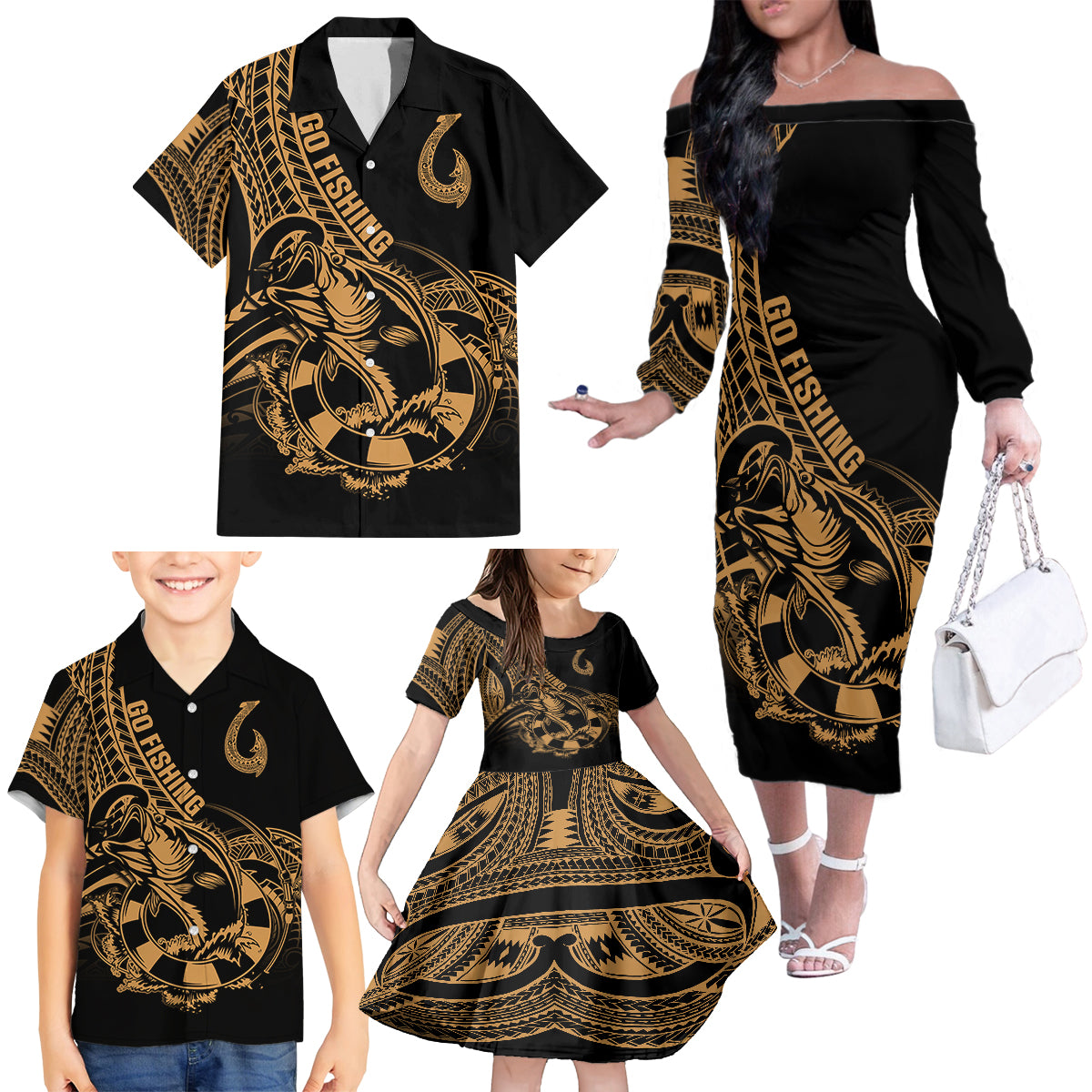 Polynesia Family Matching Off Shoulder Long Sleeve Dress and Hawaiian Shirt Fish Hook Tattoo Go Fishing Polynesian Pattern Gold - Wonder Print Shop
