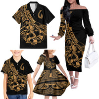 Polynesia Family Matching Off Shoulder Long Sleeve Dress and Hawaiian Shirt Fish Hook Tattoo Go Fishing Polynesian Pattern Gold - Wonder Print Shop