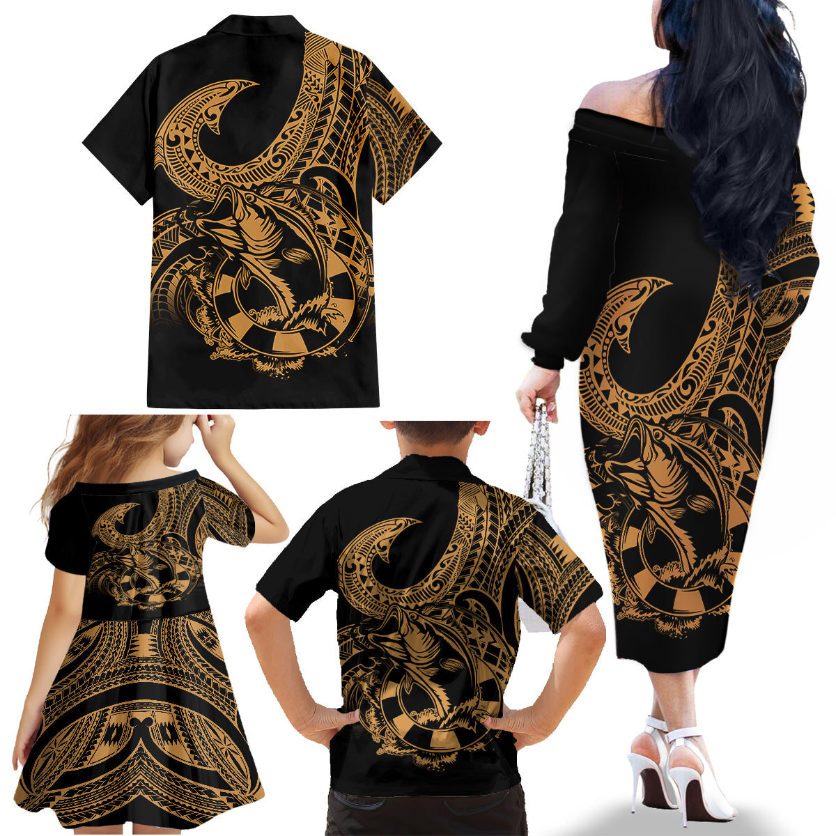 Polynesia Family Matching Off Shoulder Long Sleeve Dress and Hawaiian Shirt Fish Hook Tattoo Go Fishing Polynesian Pattern Gold - Wonder Print Shop