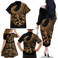 Polynesia Family Matching Off Shoulder Long Sleeve Dress and Hawaiian Shirt Fish Hook Tattoo Go Fishing Polynesian Pattern Gold - Wonder Print Shop
