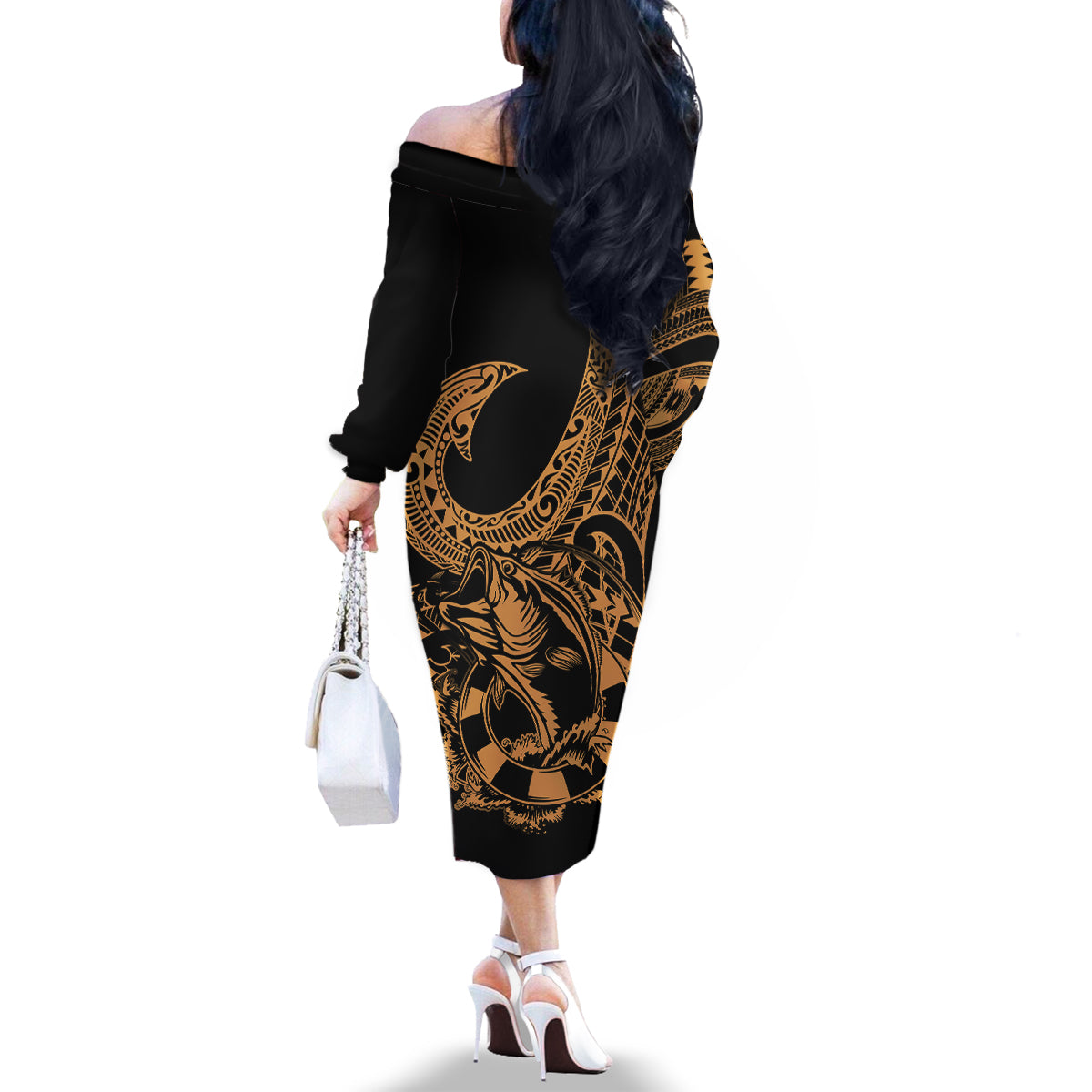 Polynesia Family Matching Off Shoulder Long Sleeve Dress and Hawaiian Shirt Fish Hook Tattoo Go Fishing Polynesian Pattern Gold - Wonder Print Shop