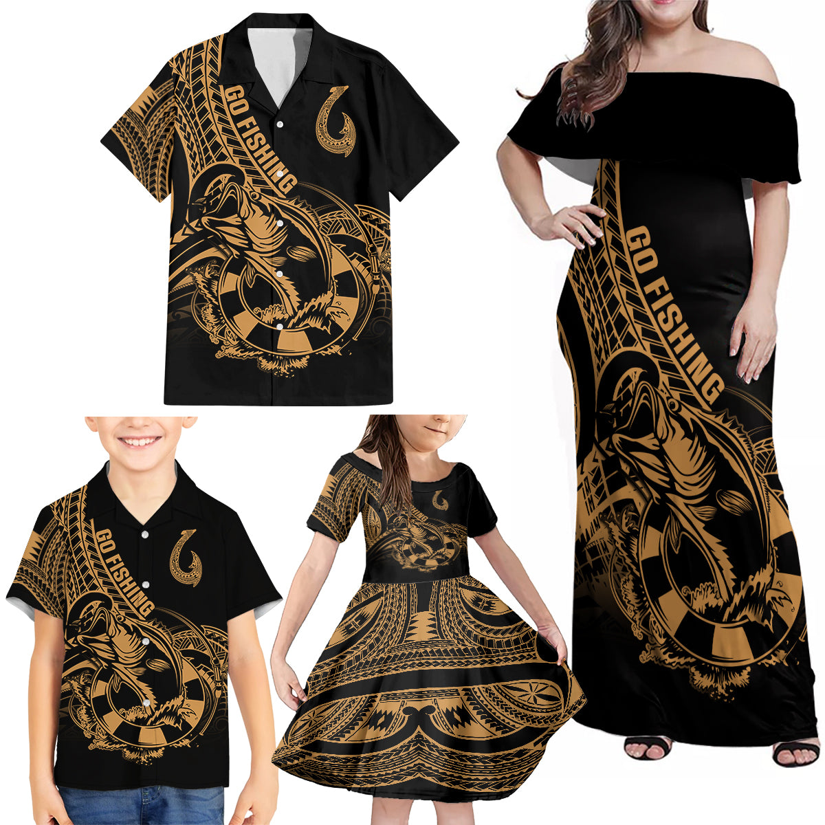 Polynesia Family Matching Off Shoulder Maxi Dress and Hawaiian Shirt Fish Hook Tattoo Go Fishing Polynesian Pattern Gold - Wonder Print Shop