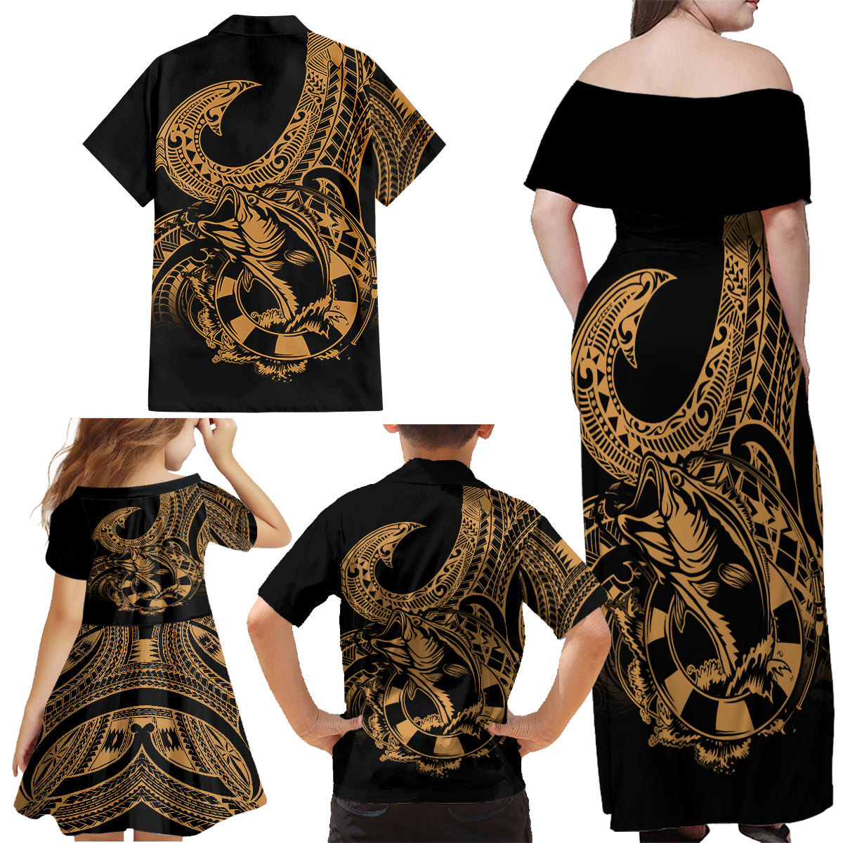 Polynesia Family Matching Off Shoulder Maxi Dress and Hawaiian Shirt Fish Hook Tattoo Go Fishing Polynesian Pattern Gold - Wonder Print Shop