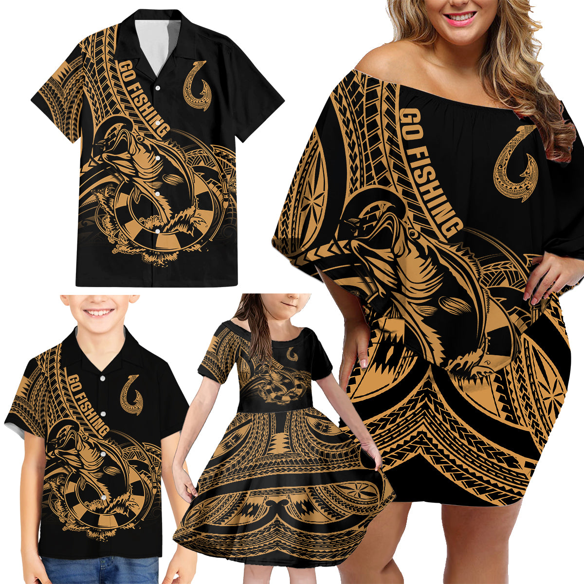 Polynesia Family Matching Off Shoulder Short Dress and Hawaiian Shirt Fish Hook Tattoo Go Fishing Polynesian Pattern Gold - Wonder Print Shop