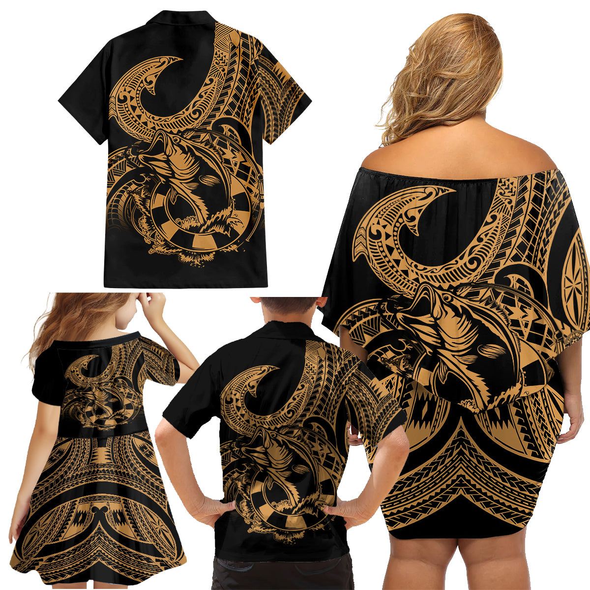 Polynesia Family Matching Off Shoulder Short Dress and Hawaiian Shirt Fish Hook Tattoo Go Fishing Polynesian Pattern Gold - Wonder Print Shop