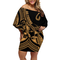 Polynesia Family Matching Off Shoulder Short Dress and Hawaiian Shirt Fish Hook Tattoo Go Fishing Polynesian Pattern Gold - Wonder Print Shop