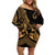 Polynesia Family Matching Off Shoulder Short Dress and Hawaiian Shirt Fish Hook Tattoo Go Fishing Polynesian Pattern Gold - Wonder Print Shop