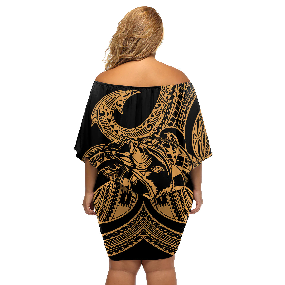 Polynesia Family Matching Off Shoulder Short Dress and Hawaiian Shirt Fish Hook Tattoo Go Fishing Polynesian Pattern Gold - Wonder Print Shop