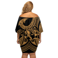 Polynesia Family Matching Off Shoulder Short Dress and Hawaiian Shirt Fish Hook Tattoo Go Fishing Polynesian Pattern Gold - Wonder Print Shop