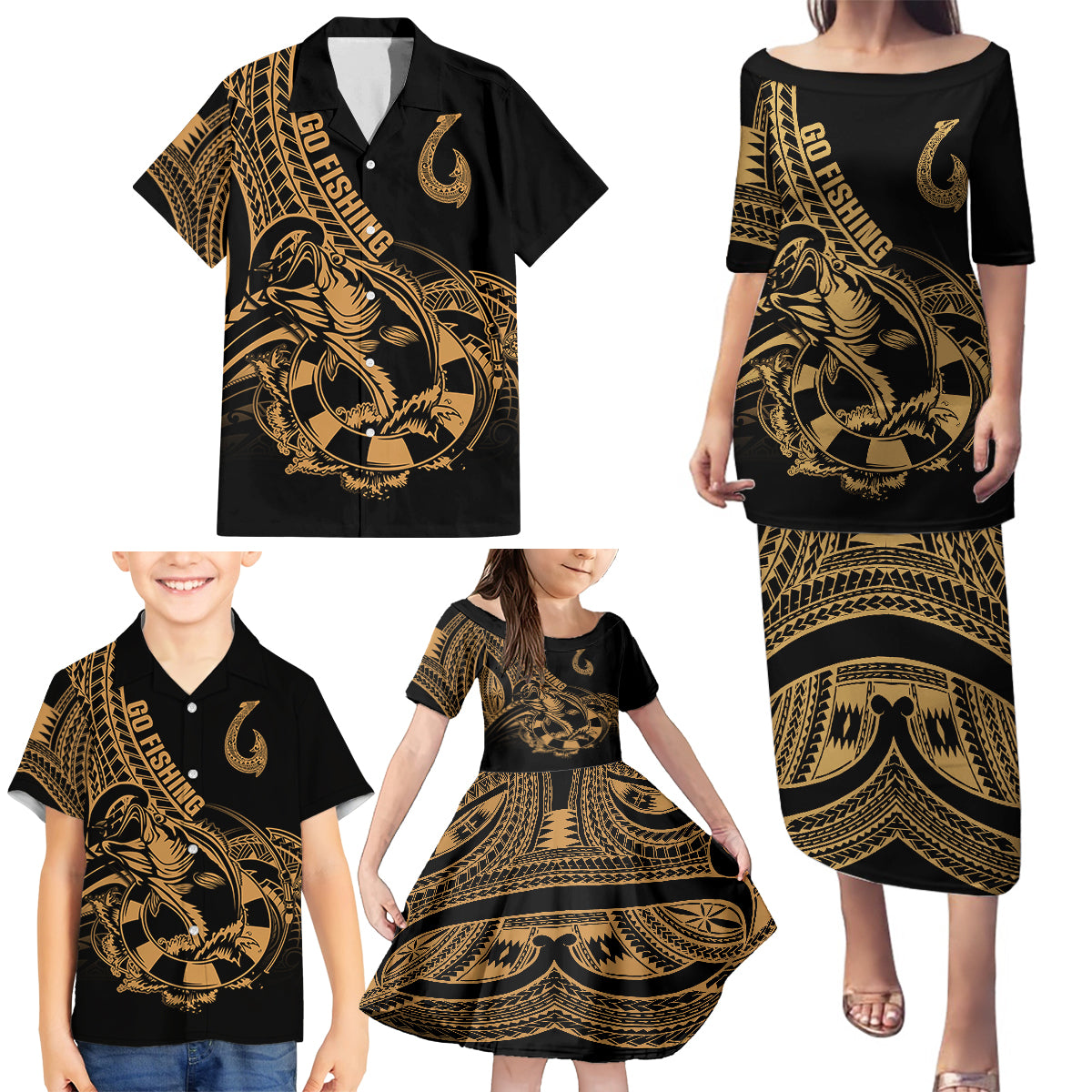 Polynesia Family Matching Puletasi Dress and Hawaiian Shirt Fish Hook Tattoo Go Fishing Polynesian Pattern Gold - Wonder Print Shop