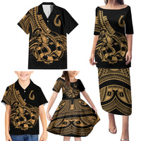 Polynesia Family Matching Puletasi Dress and Hawaiian Shirt Fish Hook Tattoo Go Fishing Polynesian Pattern Gold - Wonder Print Shop