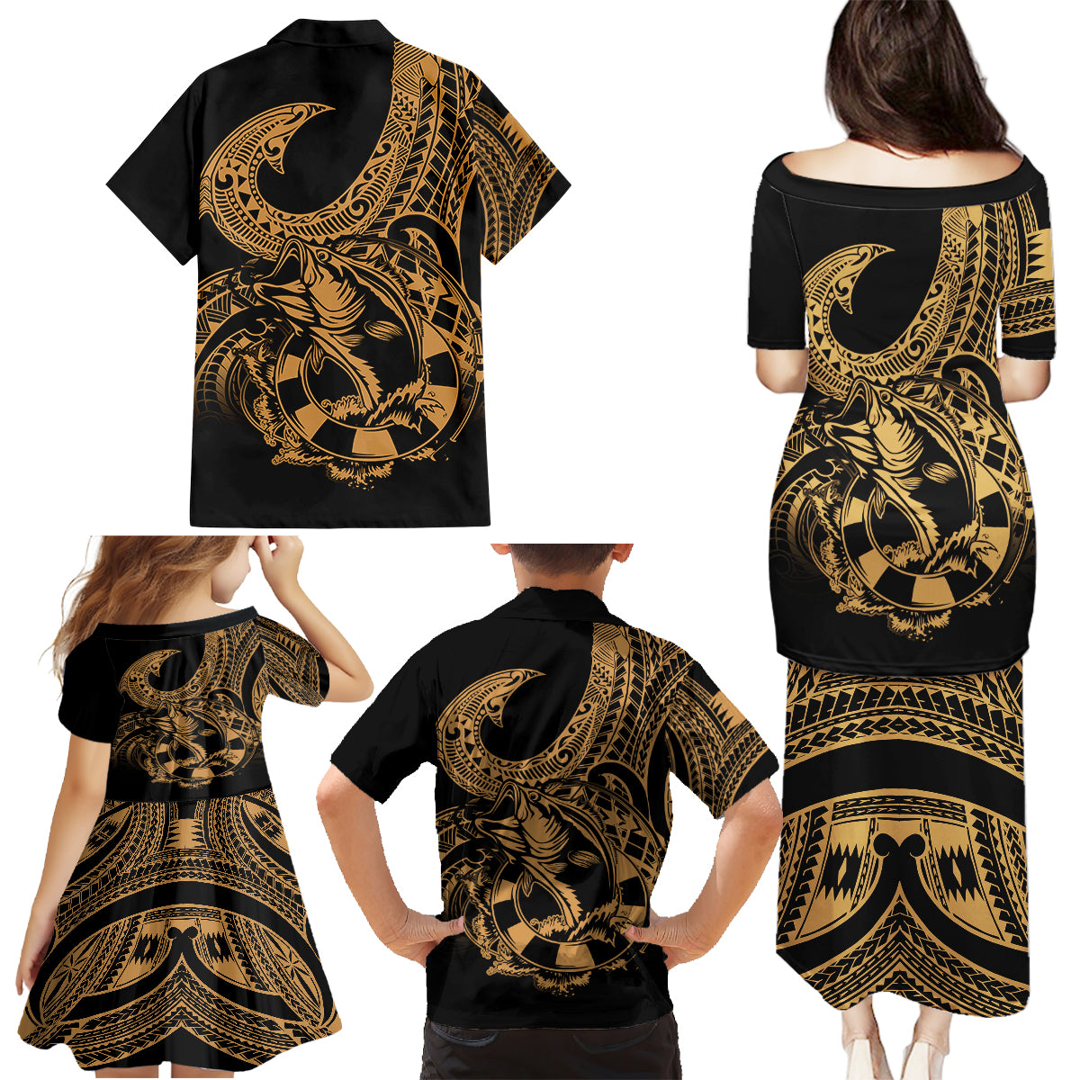 Polynesia Family Matching Puletasi Dress and Hawaiian Shirt Fish Hook Tattoo Go Fishing Polynesian Pattern Gold - Wonder Print Shop