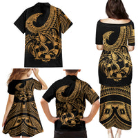 Polynesia Family Matching Puletasi Dress and Hawaiian Shirt Fish Hook Tattoo Go Fishing Polynesian Pattern Gold - Wonder Print Shop