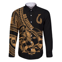 Polynesia Family Matching Puletasi Dress and Hawaiian Shirt Fish Hook Tattoo Go Fishing Polynesian Pattern Gold - Wonder Print Shop