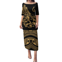Polynesia Family Matching Puletasi Dress and Hawaiian Shirt Fish Hook Tattoo Go Fishing Polynesian Pattern Gold - Wonder Print Shop