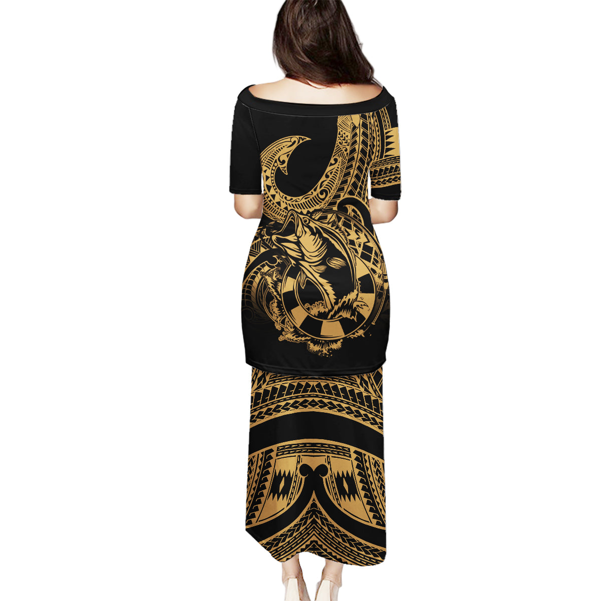 Polynesia Family Matching Puletasi Dress and Hawaiian Shirt Fish Hook Tattoo Go Fishing Polynesian Pattern Gold - Wonder Print Shop