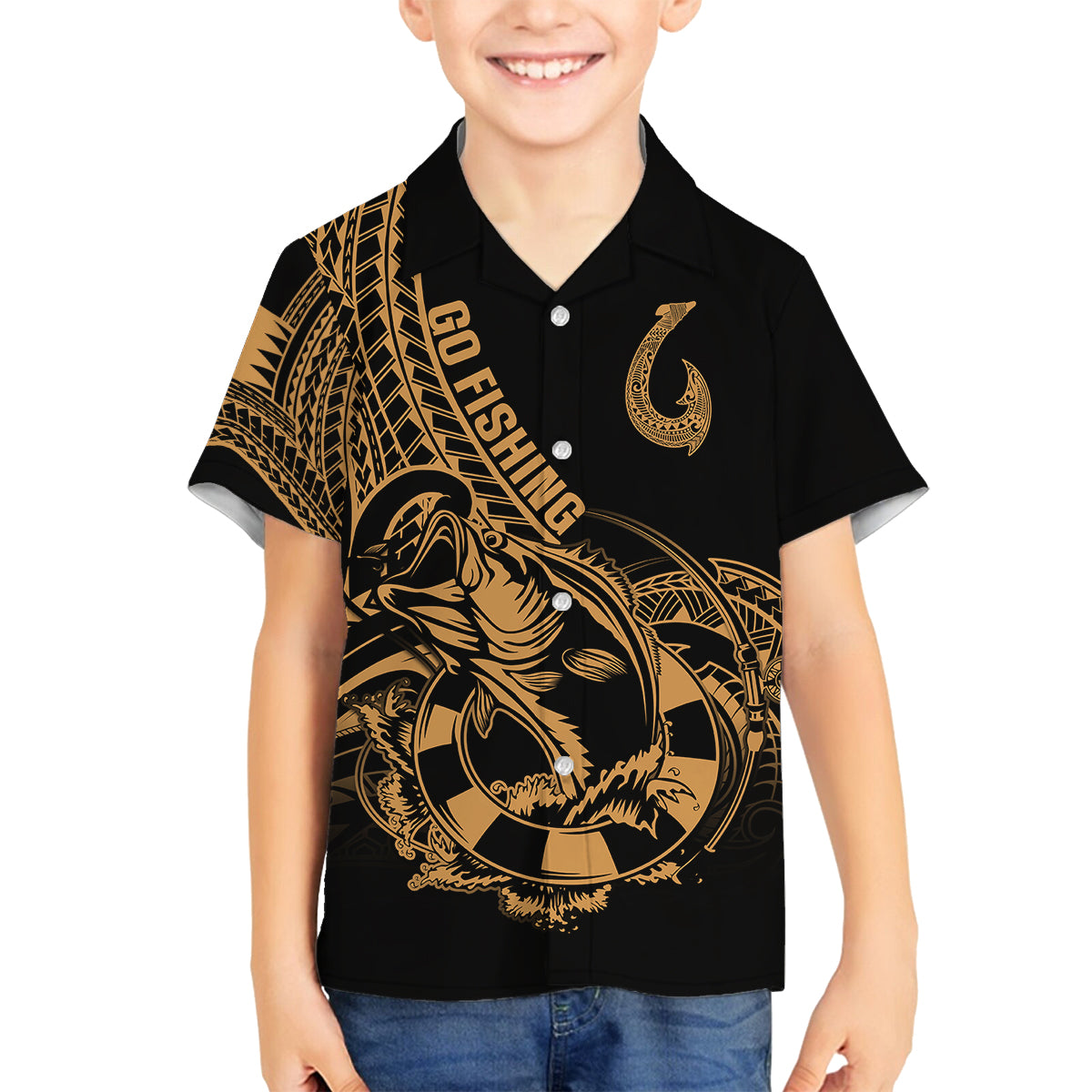 Polynesia Family Matching Puletasi Dress and Hawaiian Shirt Fish Hook Tattoo Go Fishing Polynesian Pattern Gold - Wonder Print Shop