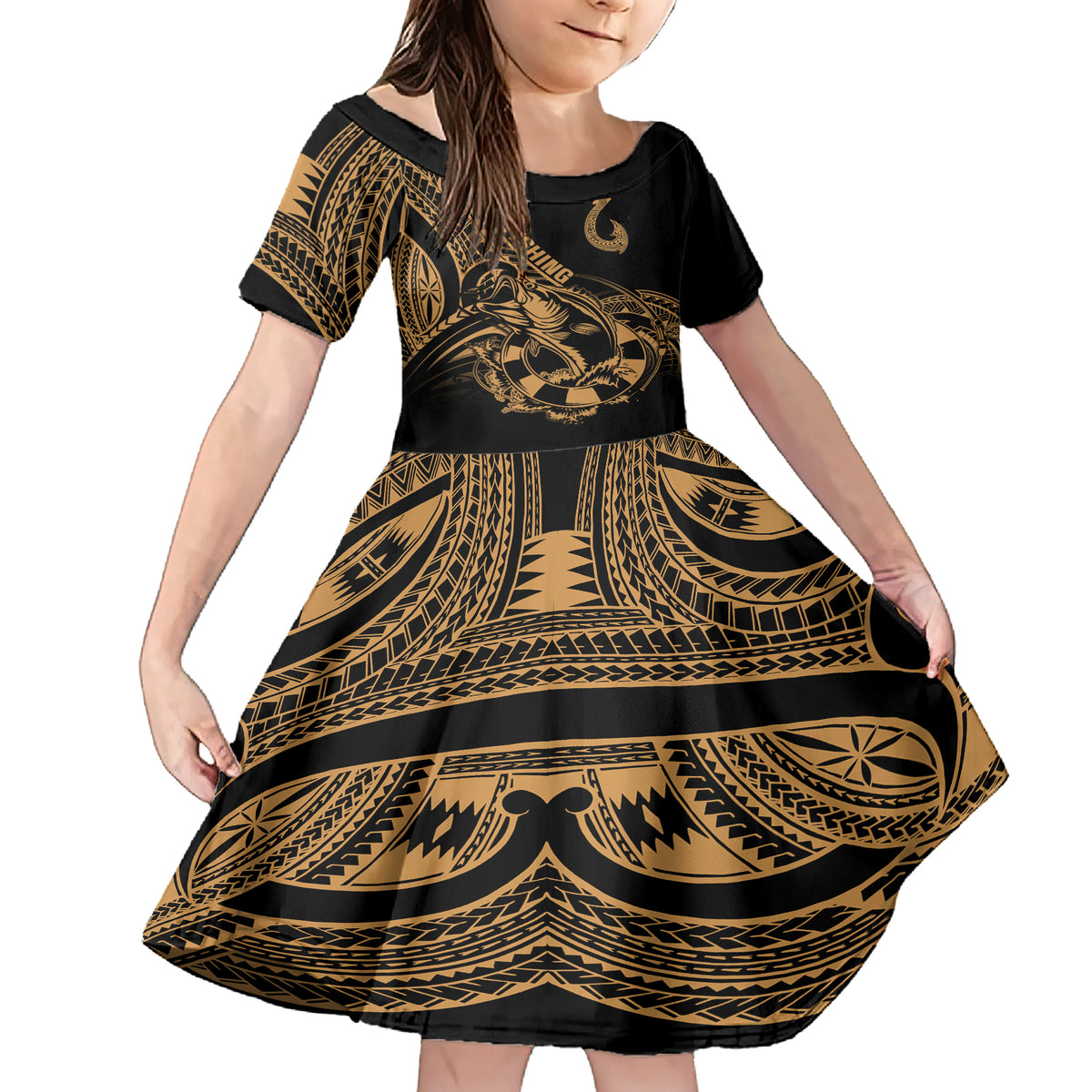 Polynesia Family Matching Short Sleeve Bodycon Dress and Hawaiian Shirt Fish Hook Tattoo Go Fishing Polynesian Pattern Gold - Wonder Print Shop