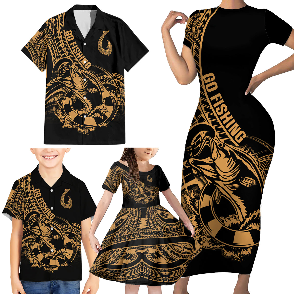 Polynesia Family Matching Short Sleeve Bodycon Dress and Hawaiian Shirt Fish Hook Tattoo Go Fishing Polynesian Pattern Gold - Wonder Print Shop