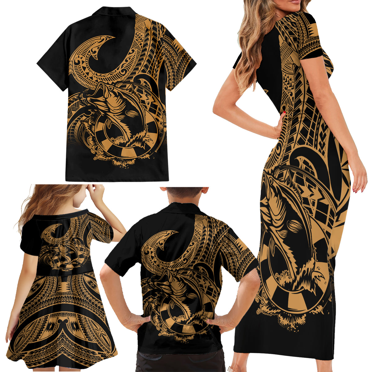 Polynesia Family Matching Short Sleeve Bodycon Dress and Hawaiian Shirt Fish Hook Tattoo Go Fishing Polynesian Pattern Gold - Wonder Print Shop