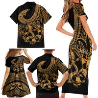 Polynesia Family Matching Short Sleeve Bodycon Dress and Hawaiian Shirt Fish Hook Tattoo Go Fishing Polynesian Pattern Gold - Wonder Print Shop
