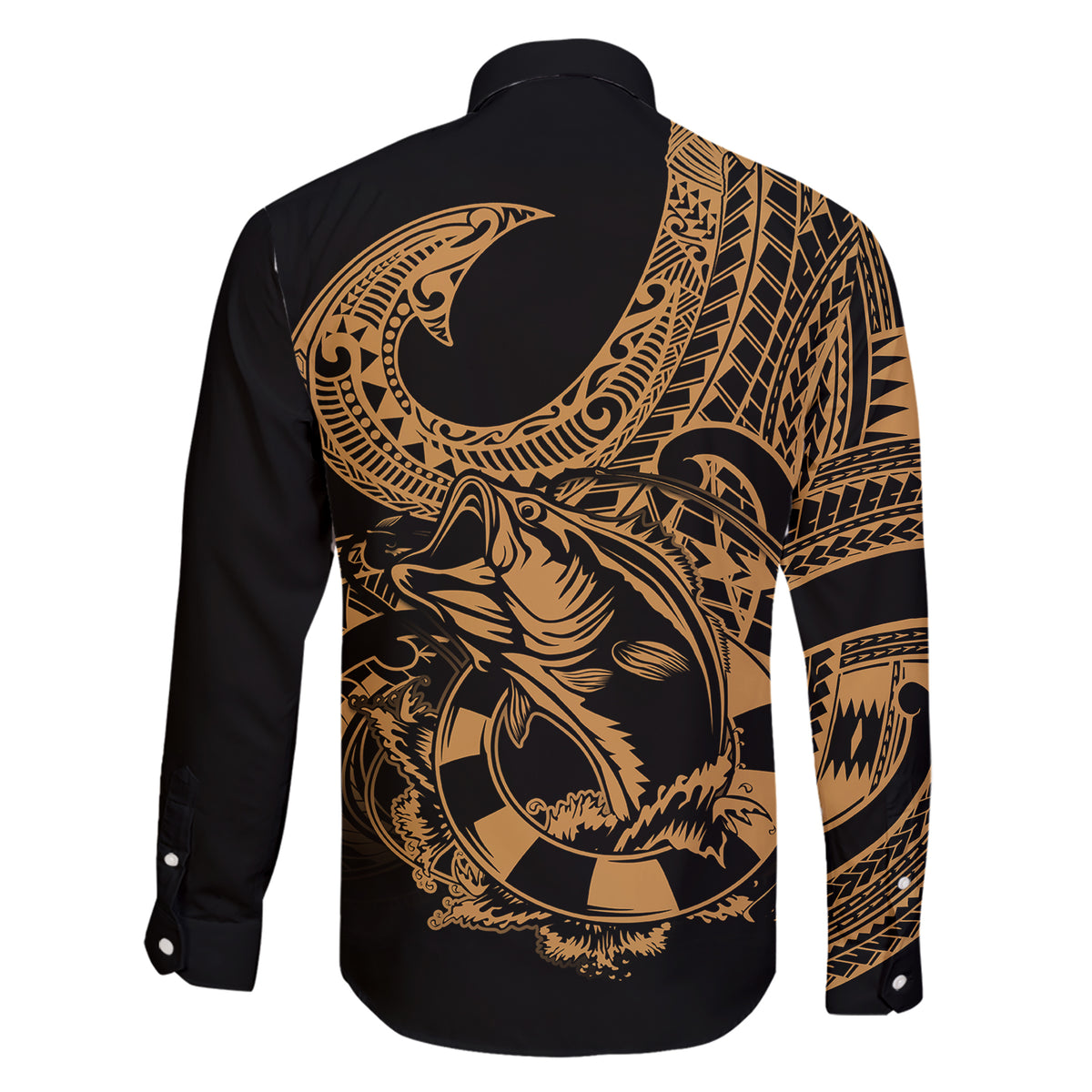 Polynesia Family Matching Short Sleeve Bodycon Dress and Hawaiian Shirt Fish Hook Tattoo Go Fishing Polynesian Pattern Gold - Wonder Print Shop