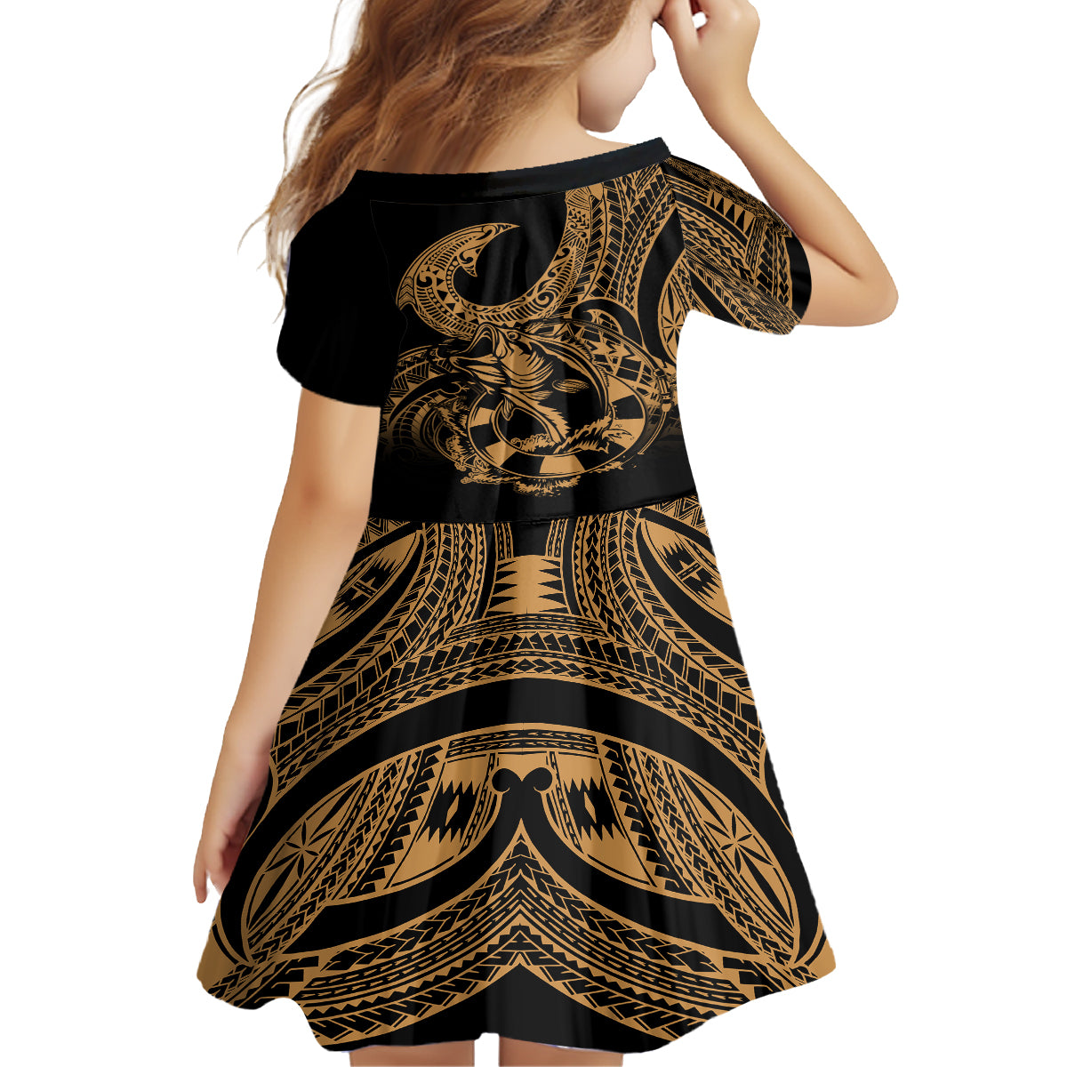 Polynesia Family Matching Summer Maxi Dress and Hawaiian Shirt Fish Hook Tattoo Go Fishing Polynesian Pattern Gold - Wonder Print Shop