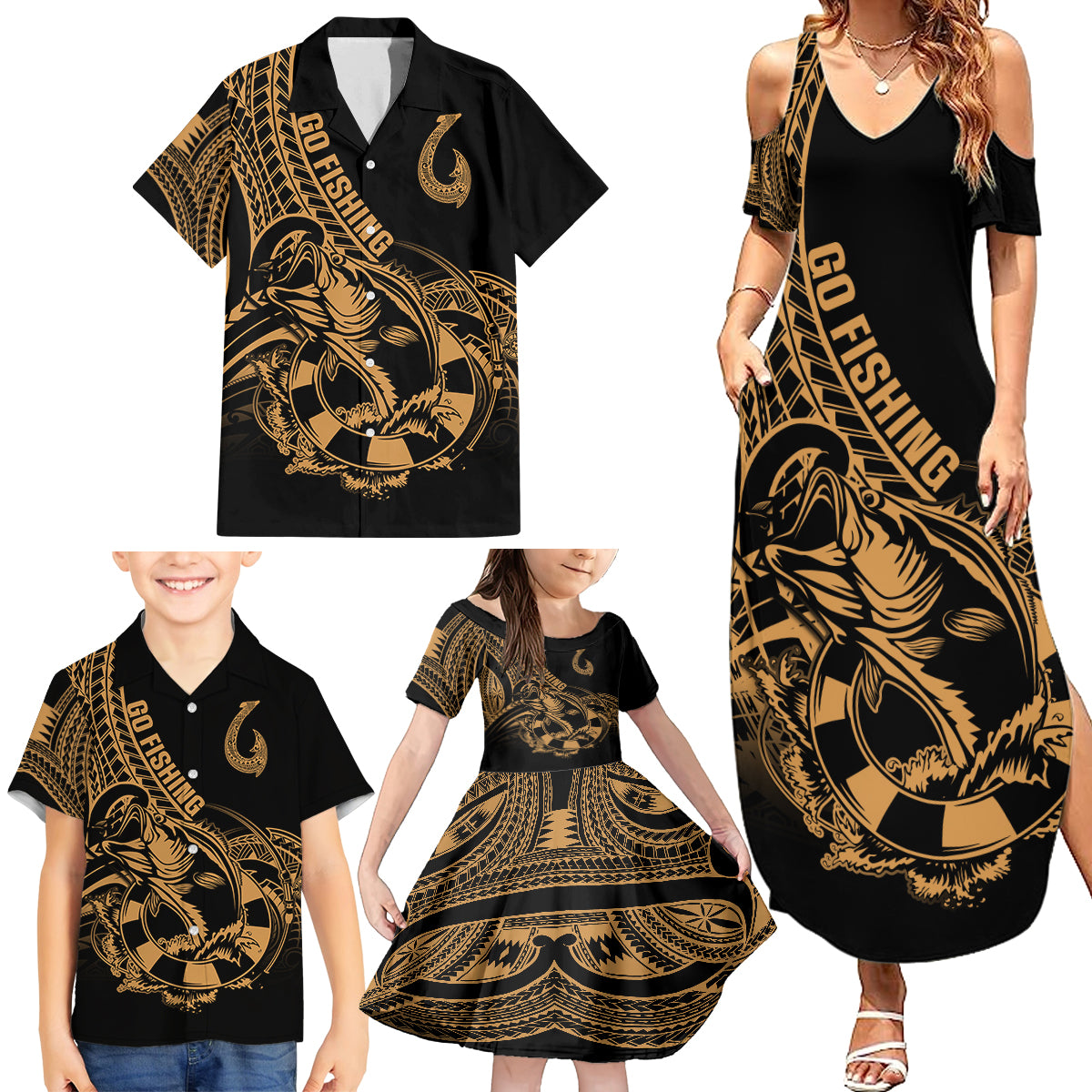 Polynesia Family Matching Summer Maxi Dress and Hawaiian Shirt Fish Hook Tattoo Go Fishing Polynesian Pattern Gold - Wonder Print Shop