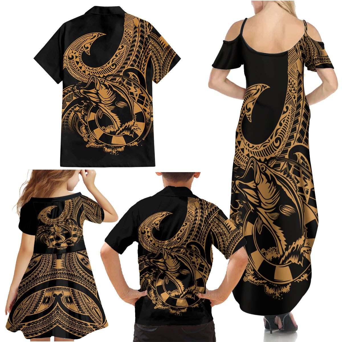 Polynesia Family Matching Summer Maxi Dress and Hawaiian Shirt Fish Hook Tattoo Go Fishing Polynesian Pattern Gold - Wonder Print Shop