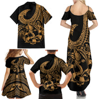 Polynesia Family Matching Summer Maxi Dress and Hawaiian Shirt Fish Hook Tattoo Go Fishing Polynesian Pattern Gold - Wonder Print Shop