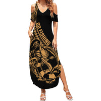 Polynesia Family Matching Summer Maxi Dress and Hawaiian Shirt Fish Hook Tattoo Go Fishing Polynesian Pattern Gold - Wonder Print Shop