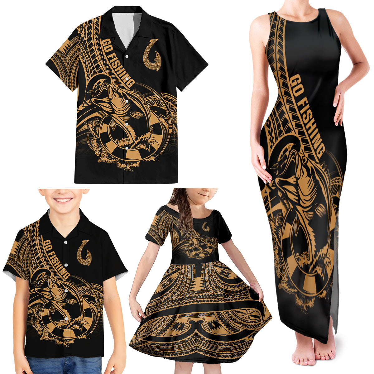Polynesia Family Matching Tank Maxi Dress and Hawaiian Shirt Fish Hook Tattoo Go Fishing Polynesian Pattern Gold - Wonder Print Shop