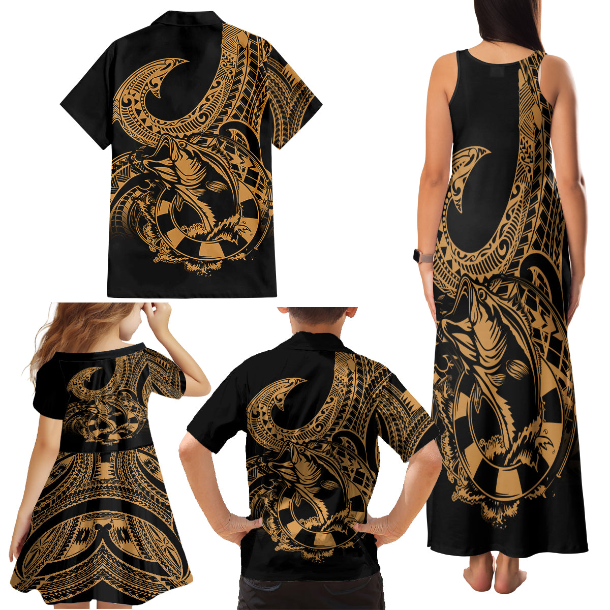 Polynesia Family Matching Tank Maxi Dress and Hawaiian Shirt Fish Hook Tattoo Go Fishing Polynesian Pattern Gold - Wonder Print Shop