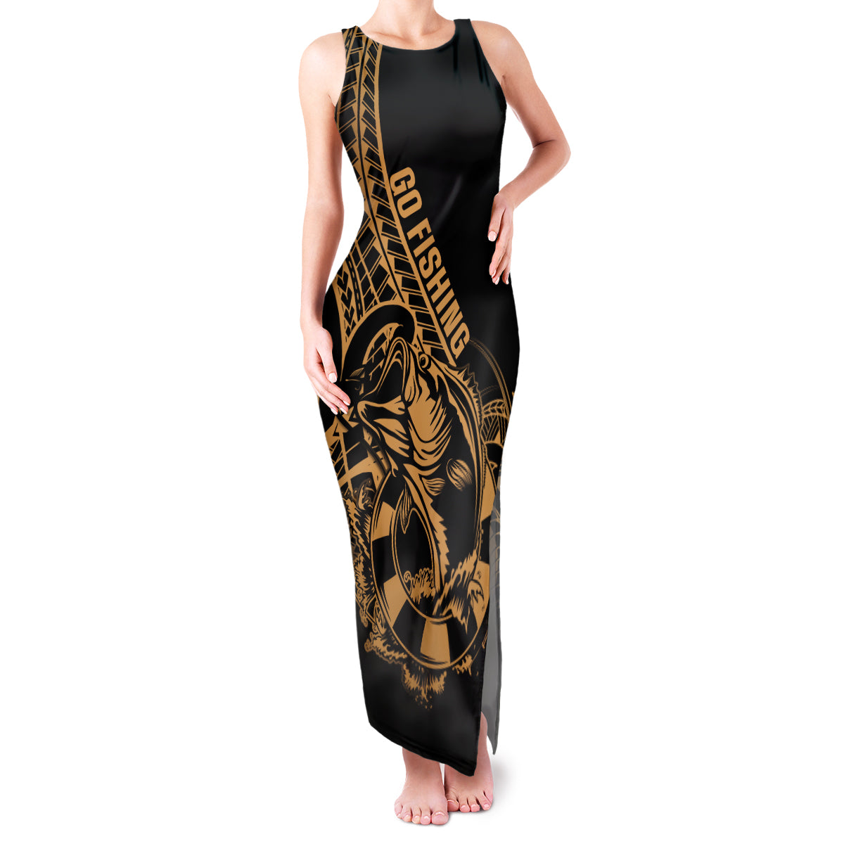 Polynesia Family Matching Tank Maxi Dress and Hawaiian Shirt Fish Hook Tattoo Go Fishing Polynesian Pattern Gold - Wonder Print Shop