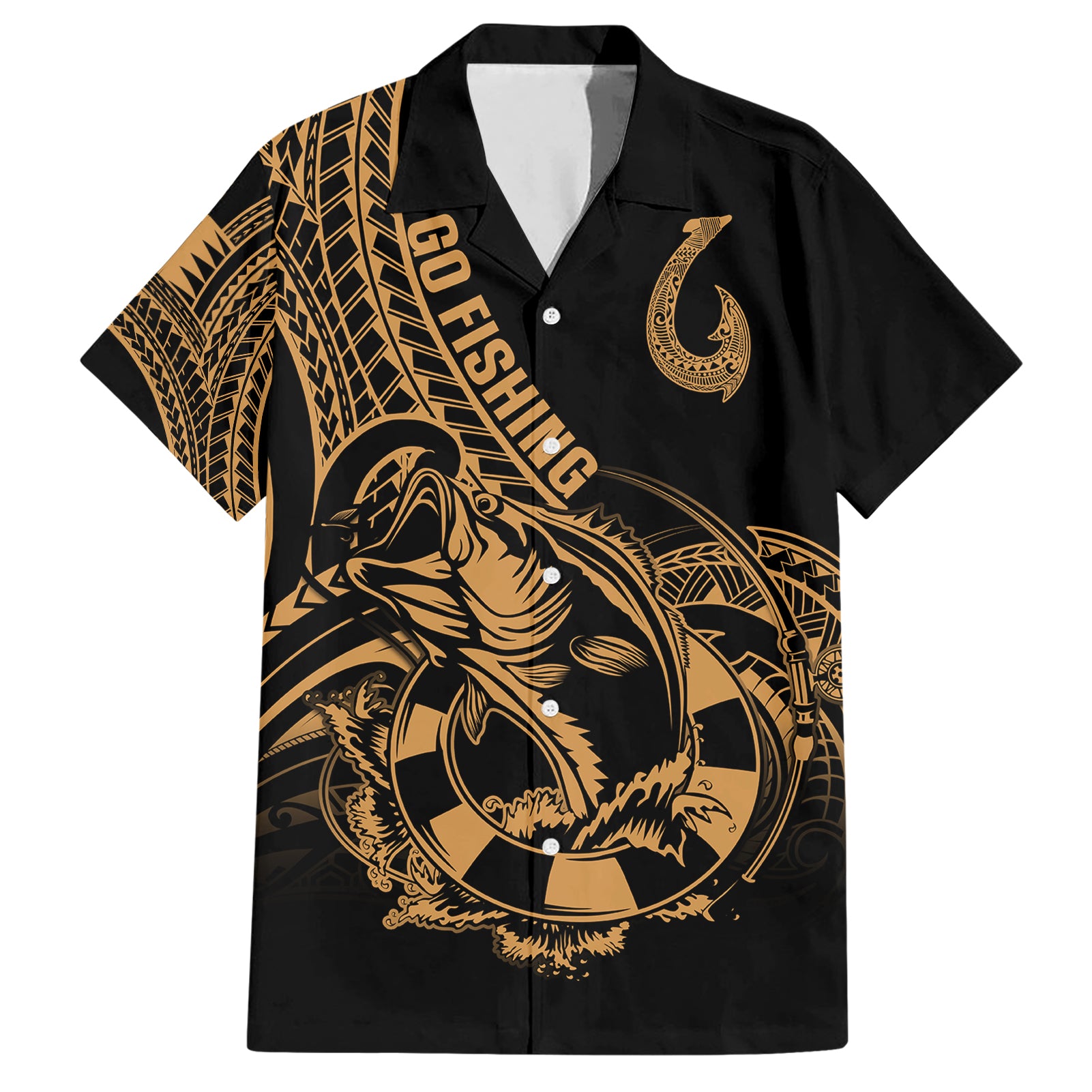 Polynesia Hawaiian Shirt Fish Hook Tattoo Go Fishing Polynesian Pattern Gold - Wonder Print Shop