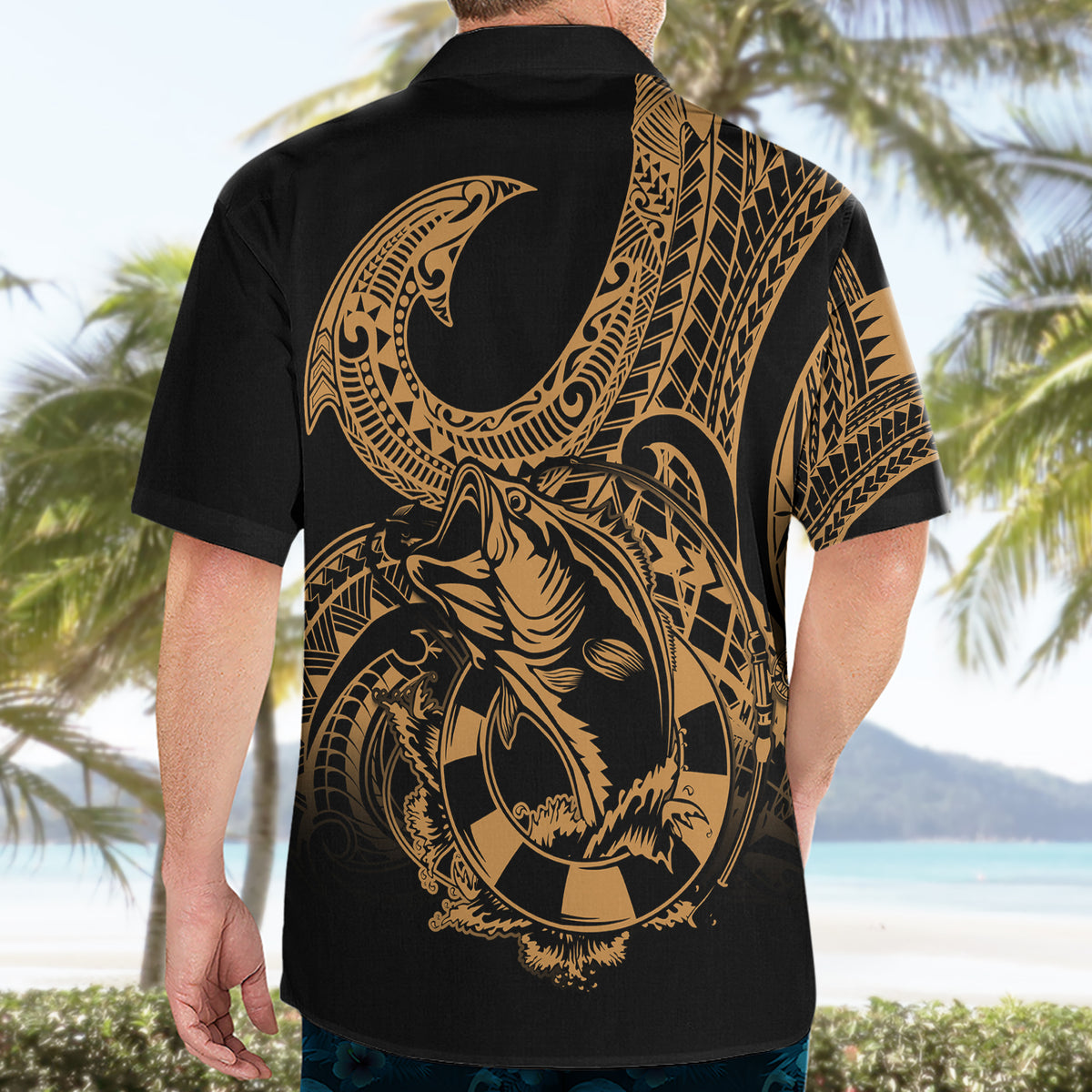 Polynesia Hawaiian Shirt Fish Hook Tattoo Go Fishing Polynesian Pattern Gold - Wonder Print Shop