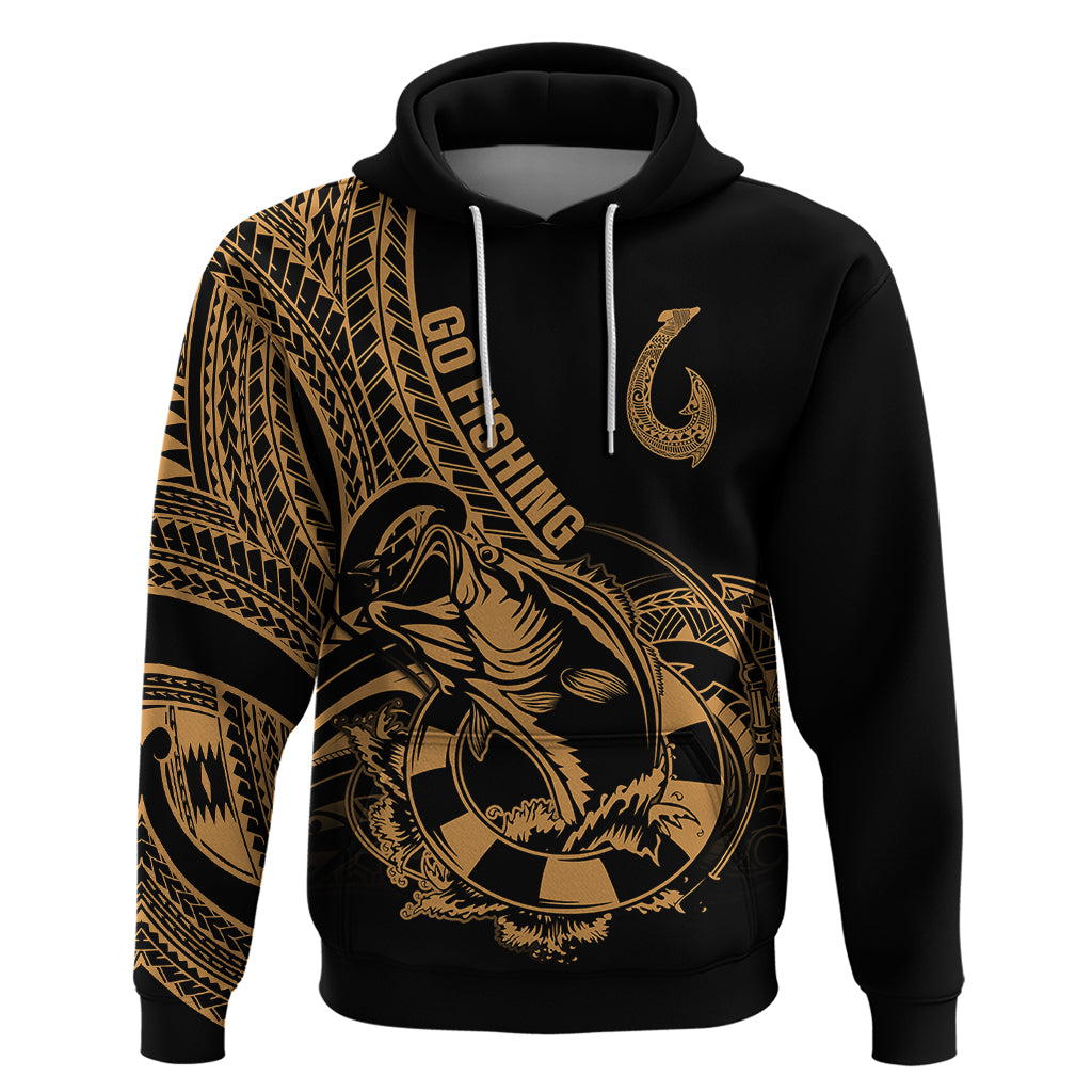 Polynesia Hoodie Fish Hook Tattoo Go Fishing Polynesian Pattern Gold - Wonder Print Shop