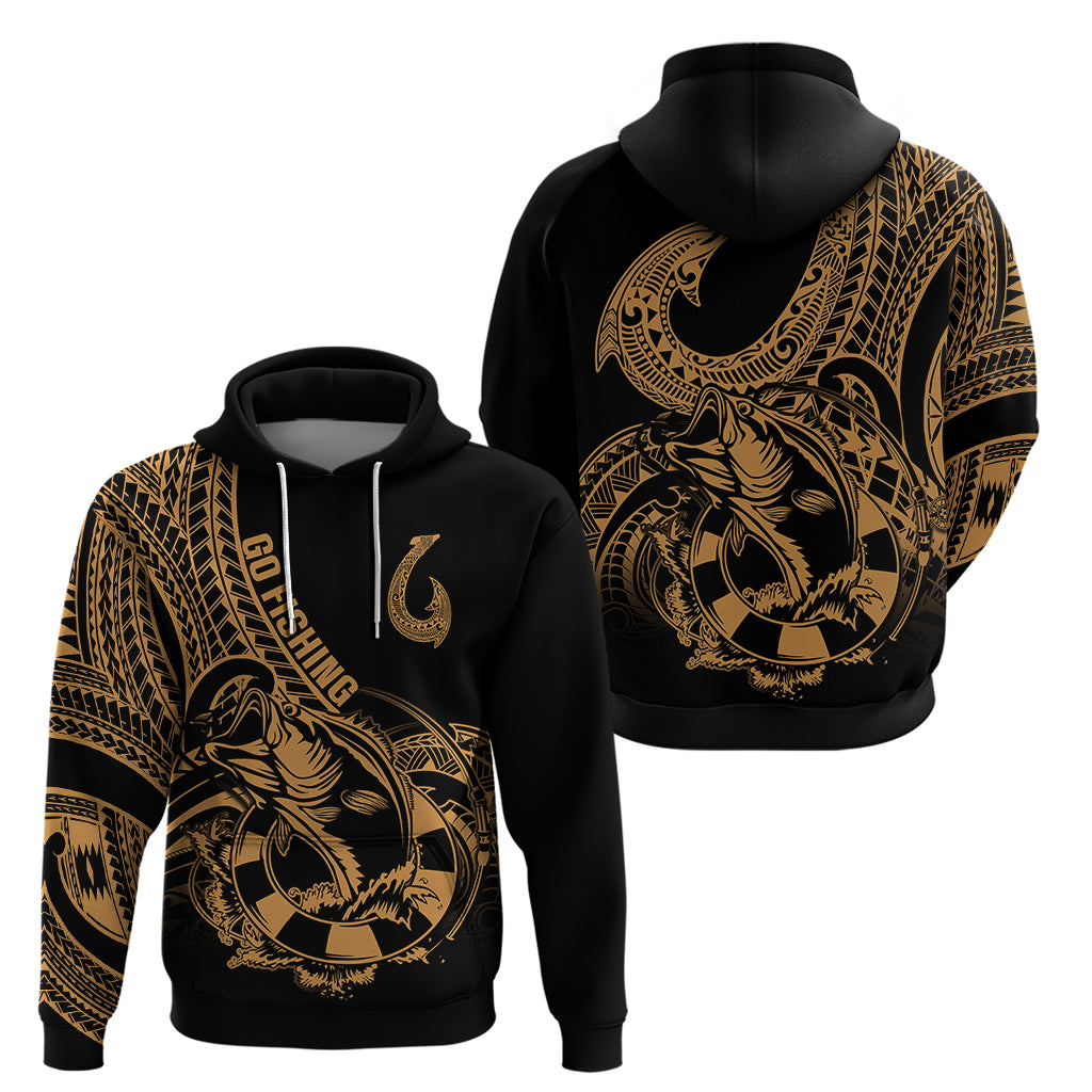 Polynesia Hoodie Fish Hook Tattoo Go Fishing Polynesian Pattern Gold - Wonder Print Shop