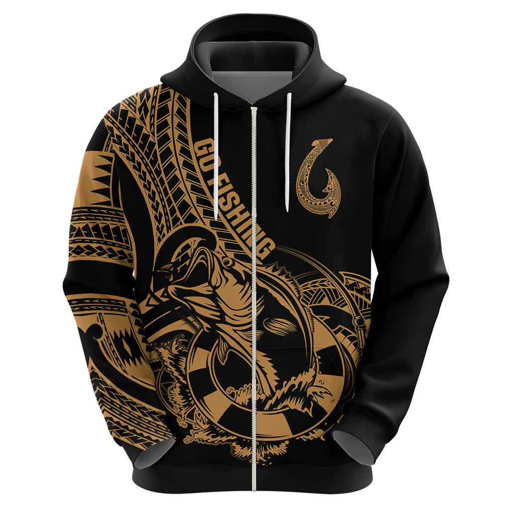 Polynesia Hoodie Fish Hook Tattoo Go Fishing Polynesian Pattern Gold - Wonder Print Shop