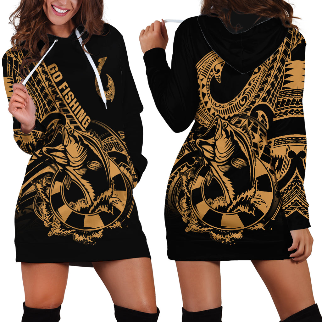 Polynesia Hoodie Dress Fish Hook Tattoo Go Fishing Polynesian Pattern Gold - Wonder Print Shop