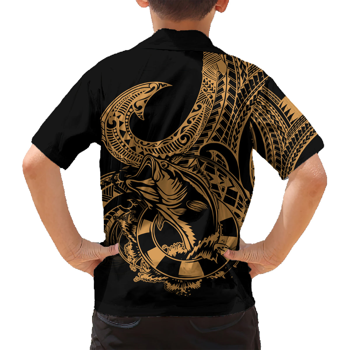 Polynesia Kid Hawaiian Shirt Fish Hook Tattoo Go Fishing Polynesian Pattern Gold - Wonder Print Shop